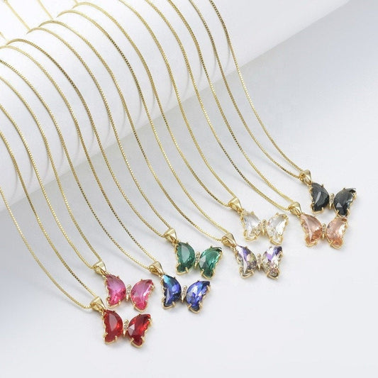 18K Gold Plated Crystal Butterfly Necklace, CZ Glass Butterfly Necklace, Blue Green Pink Butterfly Pendant Charm Necklace, Gift for Women