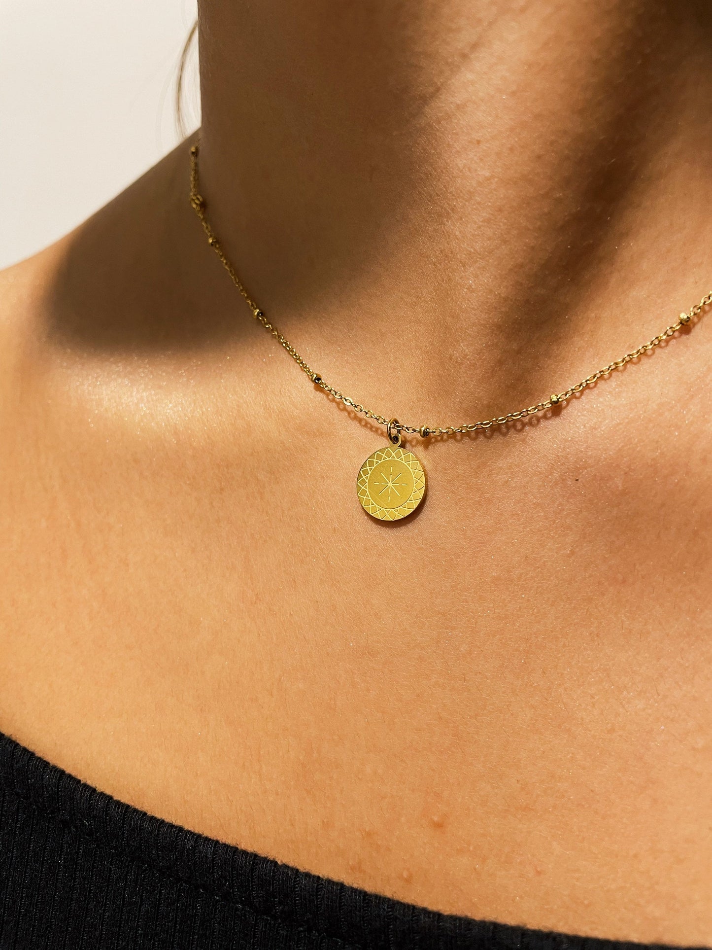 Starburst 18K Gold Plated Stainless Steel Coin Necklace - Sunbeam Gold Stamped Pendant, Star Sun Ray Necklace, Sunburst Gold Dainty Necklace