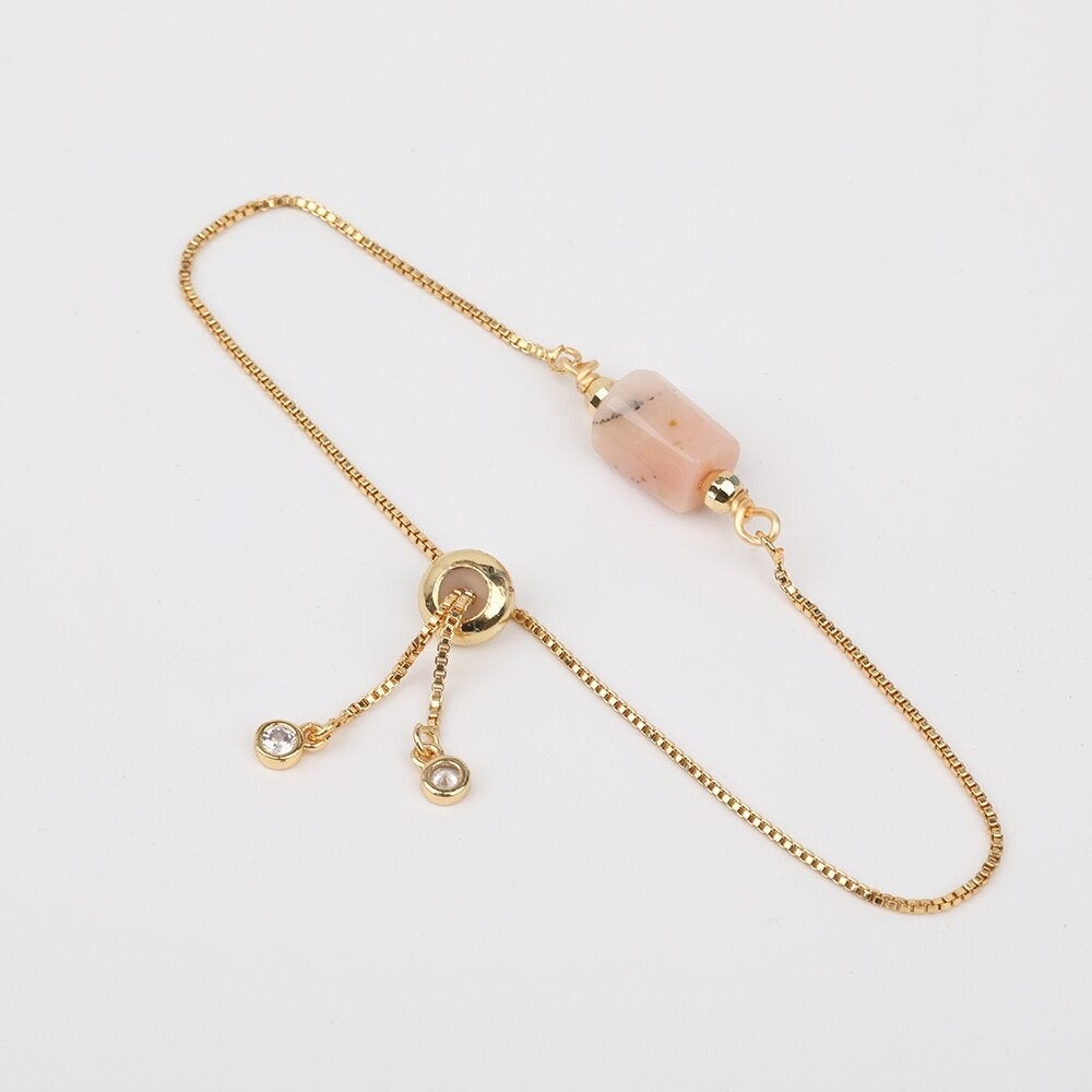Pink Opal Adjustable Gold Bracelet, Smooth Pink Bracelet