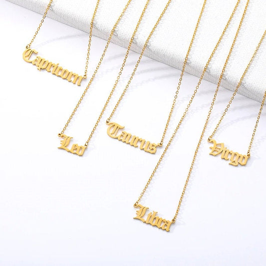 Zodiac Old English Necklace - 18k Gold Plated Stainless Steel Necklace - Zodiac Word Necklace, Zodiac Sign Gift Jewelry, Horoscope Necklace