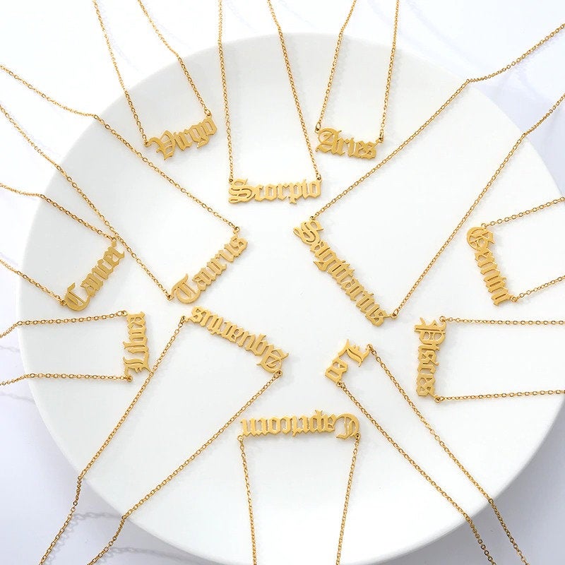 Zodiac Old English Necklace - 18k Gold Plated Stainless Steel Necklace - Zodiac Word Necklace, Zodiac Sign Gift Jewelry, Horoscope Necklace