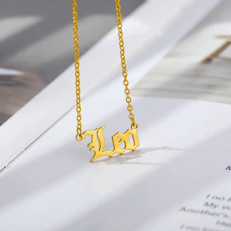 Zodiac Old English Necklace - 18k Gold Plated Stainless Steel Necklace - Zodiac Word Necklace, Zodiac Sign Gift Jewelry, Horoscope Necklace