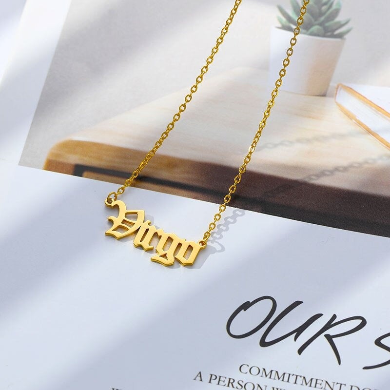 Zodiac Old English Necklace - 18k Gold Plated Stainless Steel Necklace - Zodiac Word Necklace, Zodiac Sign Gift Jewelry, Horoscope Necklace