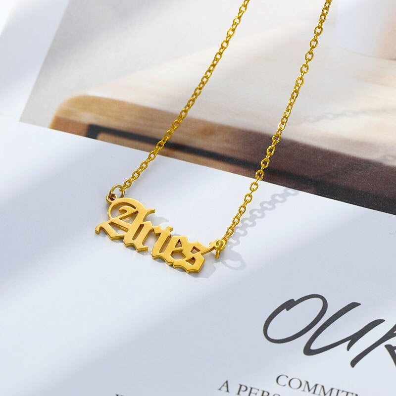 Zodiac Old English Necklace - 18k Gold Plated Stainless Steel Necklace - Zodiac Word Necklace, Zodiac Sign Gift Jewelry, Horoscope Necklace