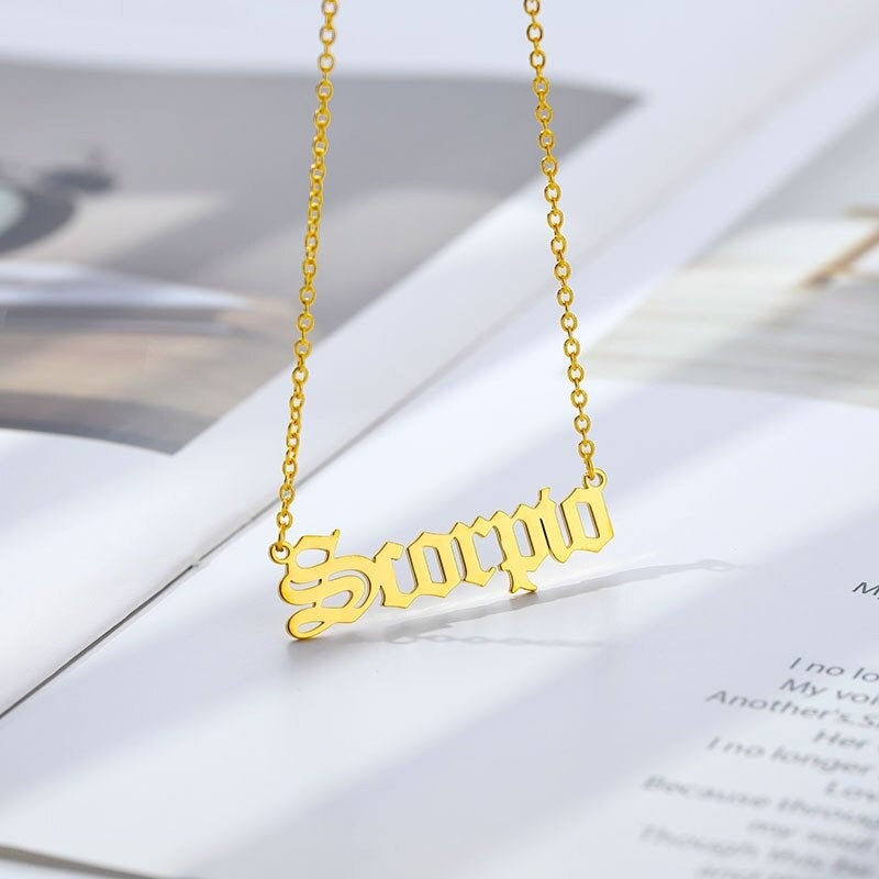 Zodiac Old English Necklace - 18k Gold Plated Stainless Steel Necklace - Zodiac Word Necklace, Zodiac Sign Gift Jewelry, Horoscope Necklace