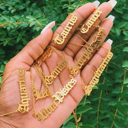 Zodiac Old English Necklace - 18k Gold Plated Stainless Steel Necklace - Zodiac Word Necklace, Zodiac Sign Gift Jewelry, Horoscope Necklace