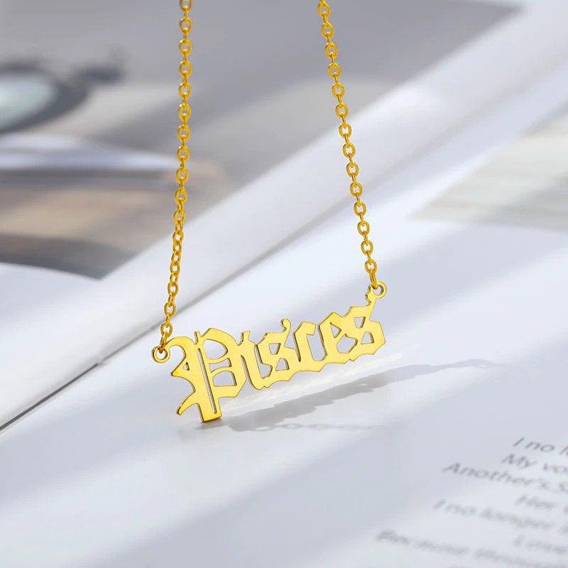 Zodiac Old English Necklace - 18k Gold Plated Stainless Steel Necklace - Zodiac Word Necklace, Zodiac Sign Gift Jewelry, Horoscope Necklace