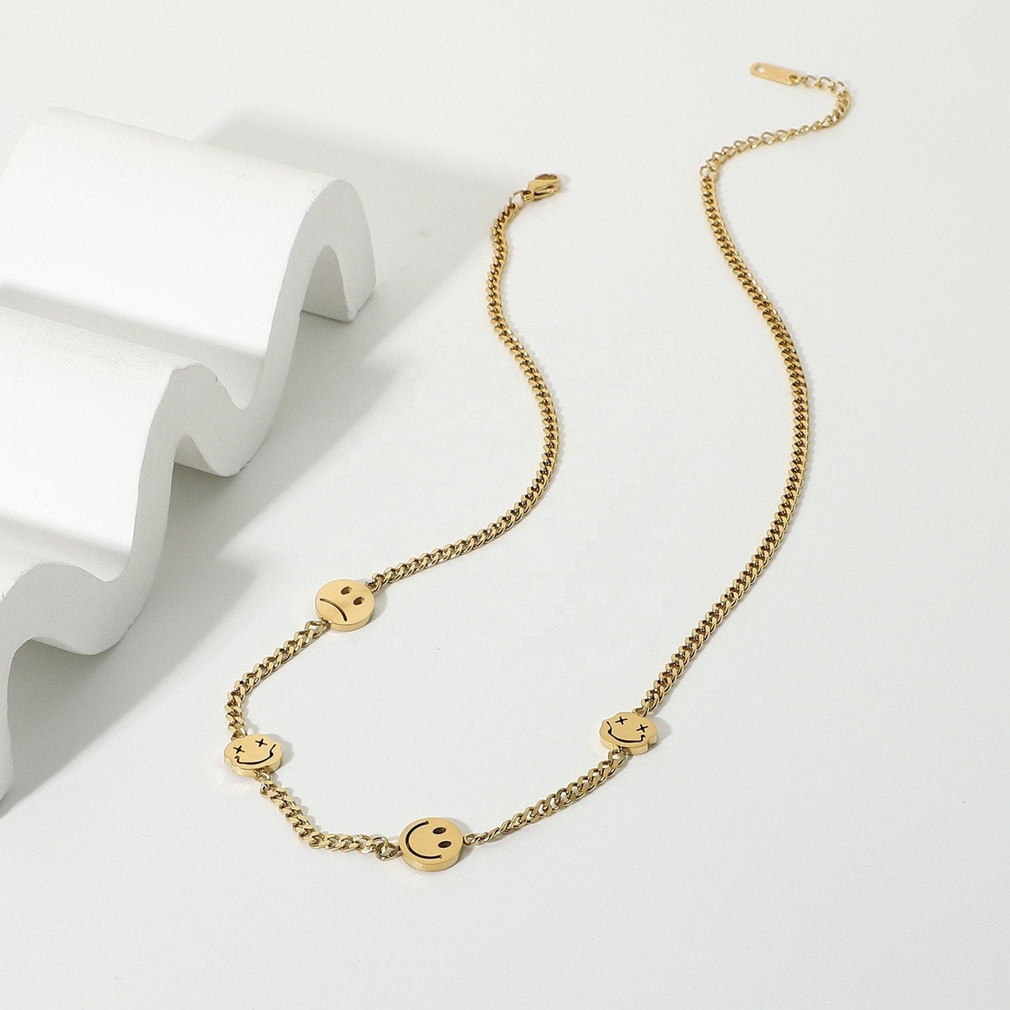 Trippy Smiley & Sad Face Emoji Necklace - 14K Gold Plated Stainless Steel Choker Necklace - Trendy Jewelry for Her, Retro Jewelry, Paperclip