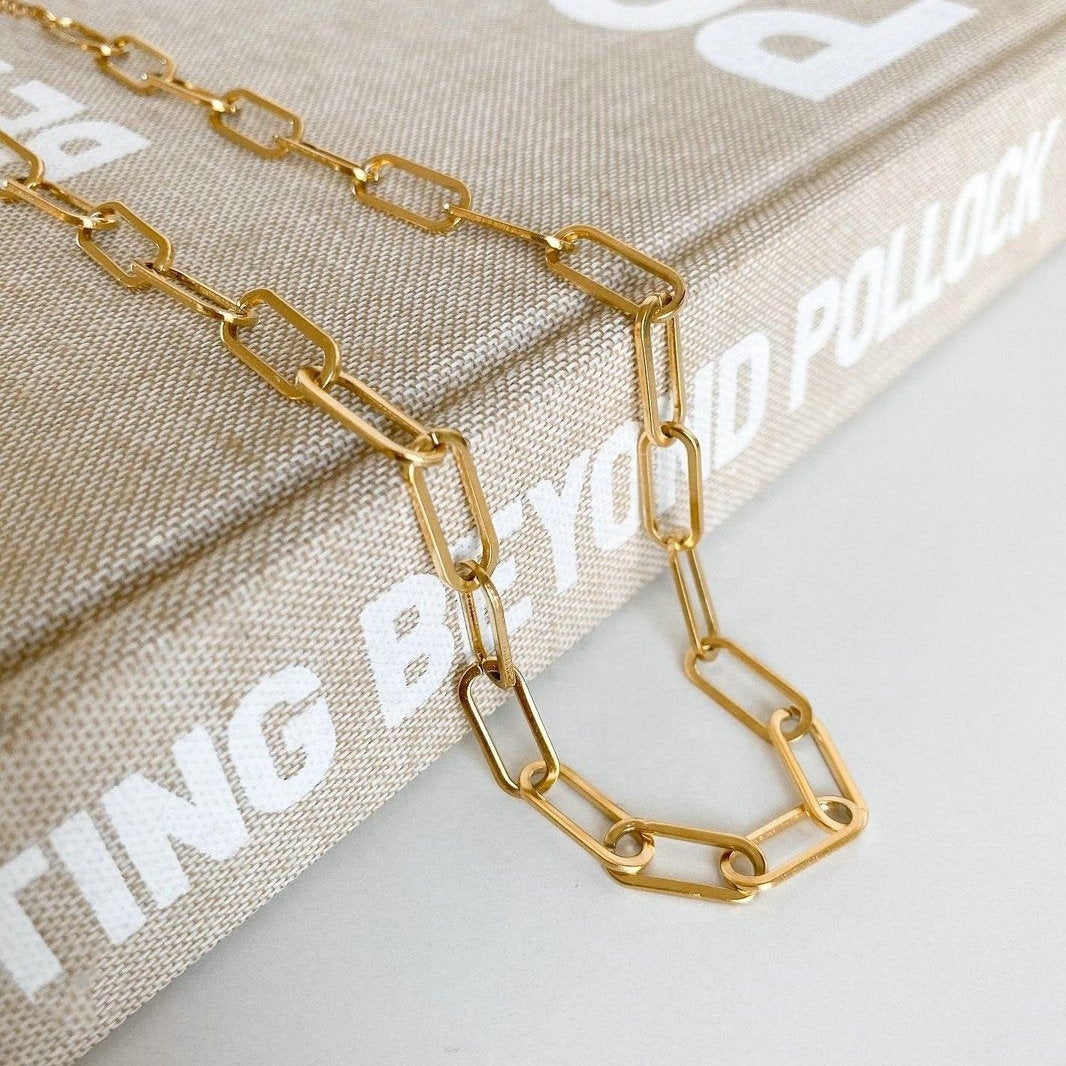Paper Clip 18k Gold Necklace Choker, Rectangle Link Chain Necklace , Paperclip Gold Jewelry, Trendy Layering Necklace for Women