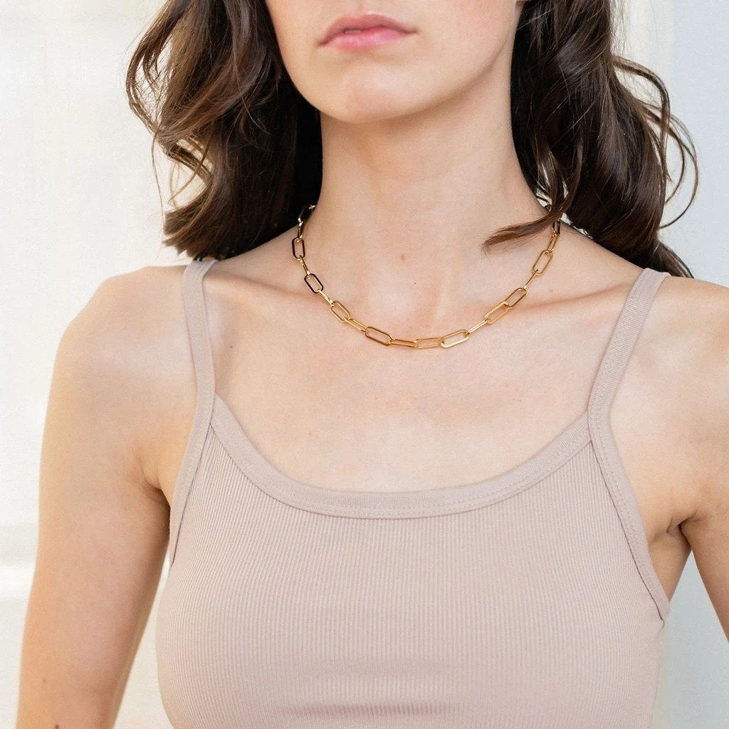 Paper Clip 18k Gold Necklace Choker, Rectangle Link Chain Necklace , Paperclip Gold Jewelry, Trendy Layering Necklace for Women