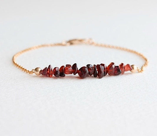 Garnet Gold Bracelet, Garnet Gemstone Chip Bracelet, January Birthstone Jewelry Birthday Gift