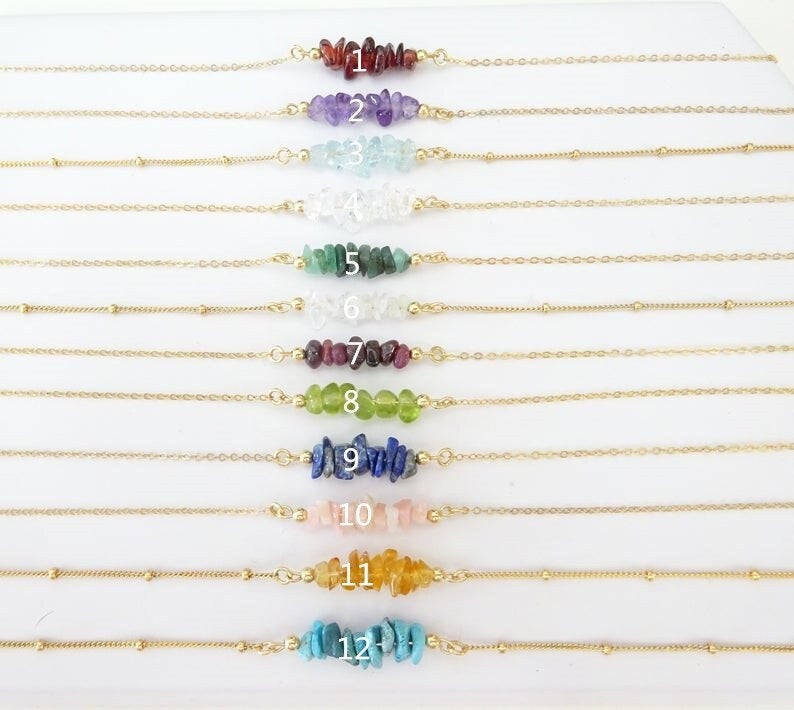 Birthstone Necklace, Family Birthstone Jewelry, Crystal Gemstone Necklace for Women, Amethyst, Garnet, Ruby, Opal, Birthday Gift for Girls
