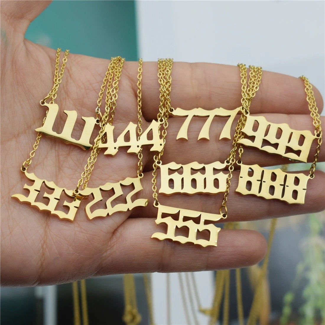 Angel Number Necklace - 111 222 333 444 555 666 777 888 999 Devil Stainless Steel Necklace, Old English Angel Necklace