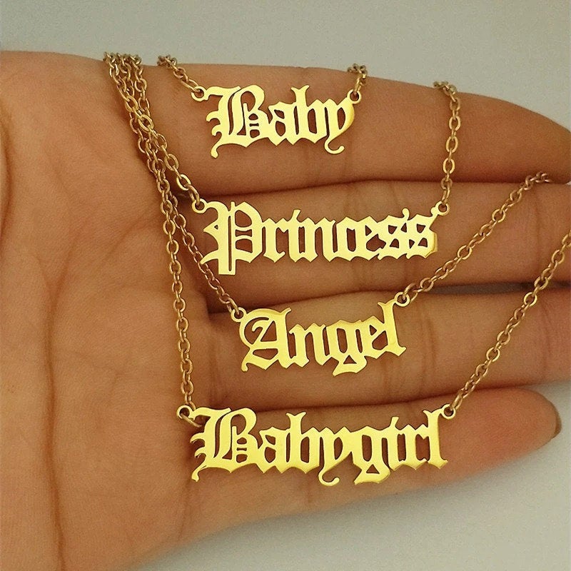 Baby Princess Angel Necklace - Babygirl Baby Girl Stainless Steel Gold Plated Necklace, Old English Necklace, Trendy Necklace for Girls