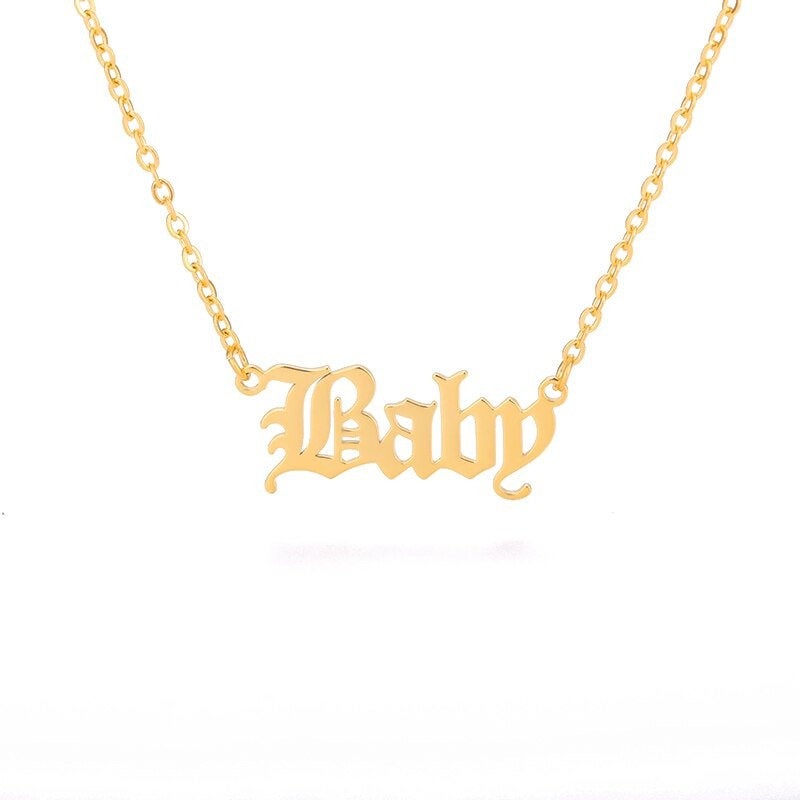 Baby Princess Angel Necklace - Babygirl Baby Girl Stainless Steel Gold Plated Necklace, Old English Necklace, Trendy Necklace for Girls