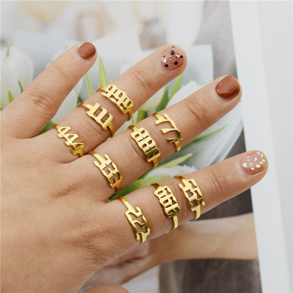 Angel Number Adjustable Ring - 111 222 333 444 555 666 777 888 999, Trendy Old English Angel Devil Number Rings