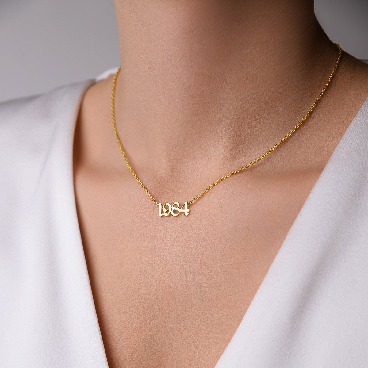 Birth Year Necklace, Old English Birth Year Number Gold Necklace, Gold Plated Stainless Steel Necklace, Gift For Her, 1999, 2000, 2001, 2002