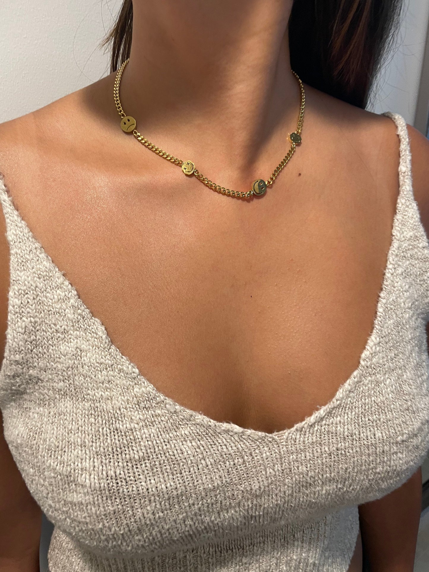 Trippy Smiley & Sad Face Emoji Necklace - 14K Gold Plated Stainless Steel Choker Necklace - Trendy Jewelry for Her, Retro Jewelry, Paperclip