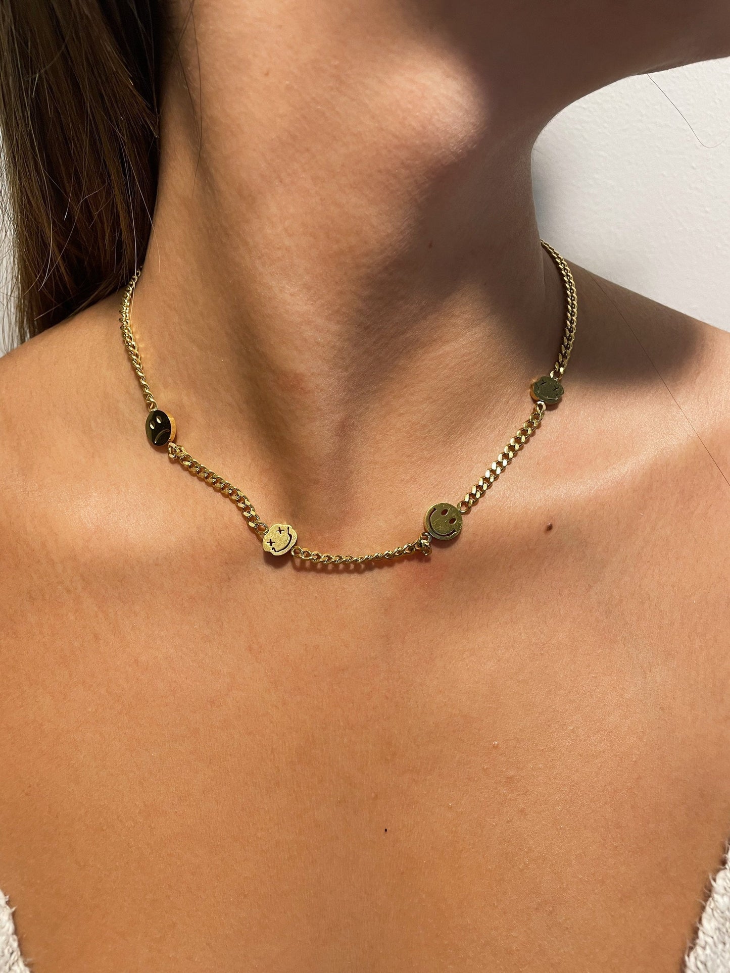 Trippy Smiley & Sad Face Emoji Necklace - 14K Gold Plated Stainless Steel Choker Necklace - Trendy Jewelry for Her, Retro Jewelry, Paperclip