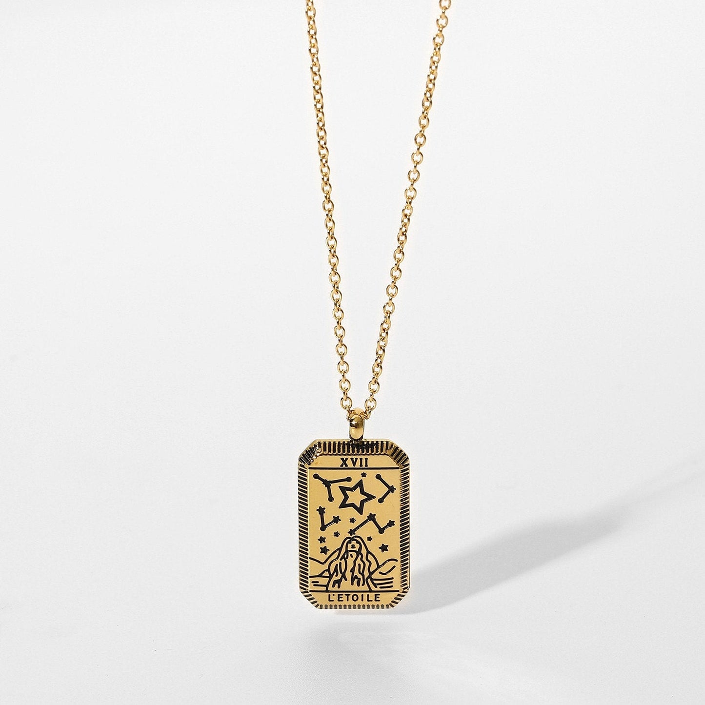 Tarot Card Necklace - 18k Gold Waterproof Rectangle Necklace - Celestial Mystic Tarot Jewelry, Queen Necklace, Sun Necklace, Moon Necklace