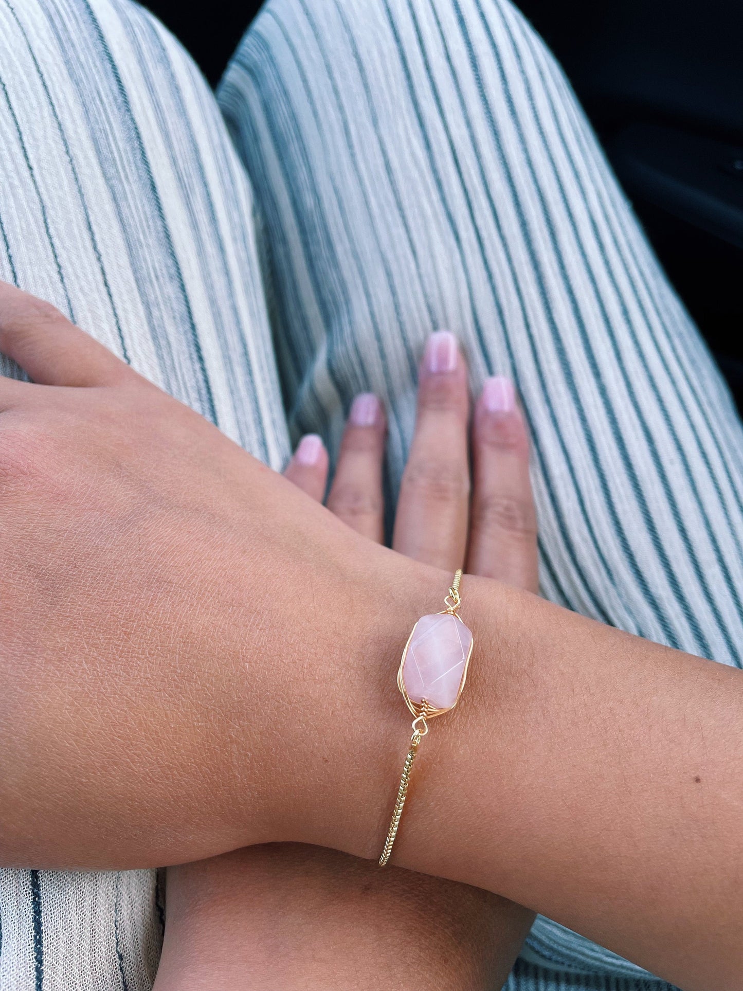 Rose Quartz Wire Wrapped Adjustable Gold Bracelet, January Birthstone Pink Bracelet