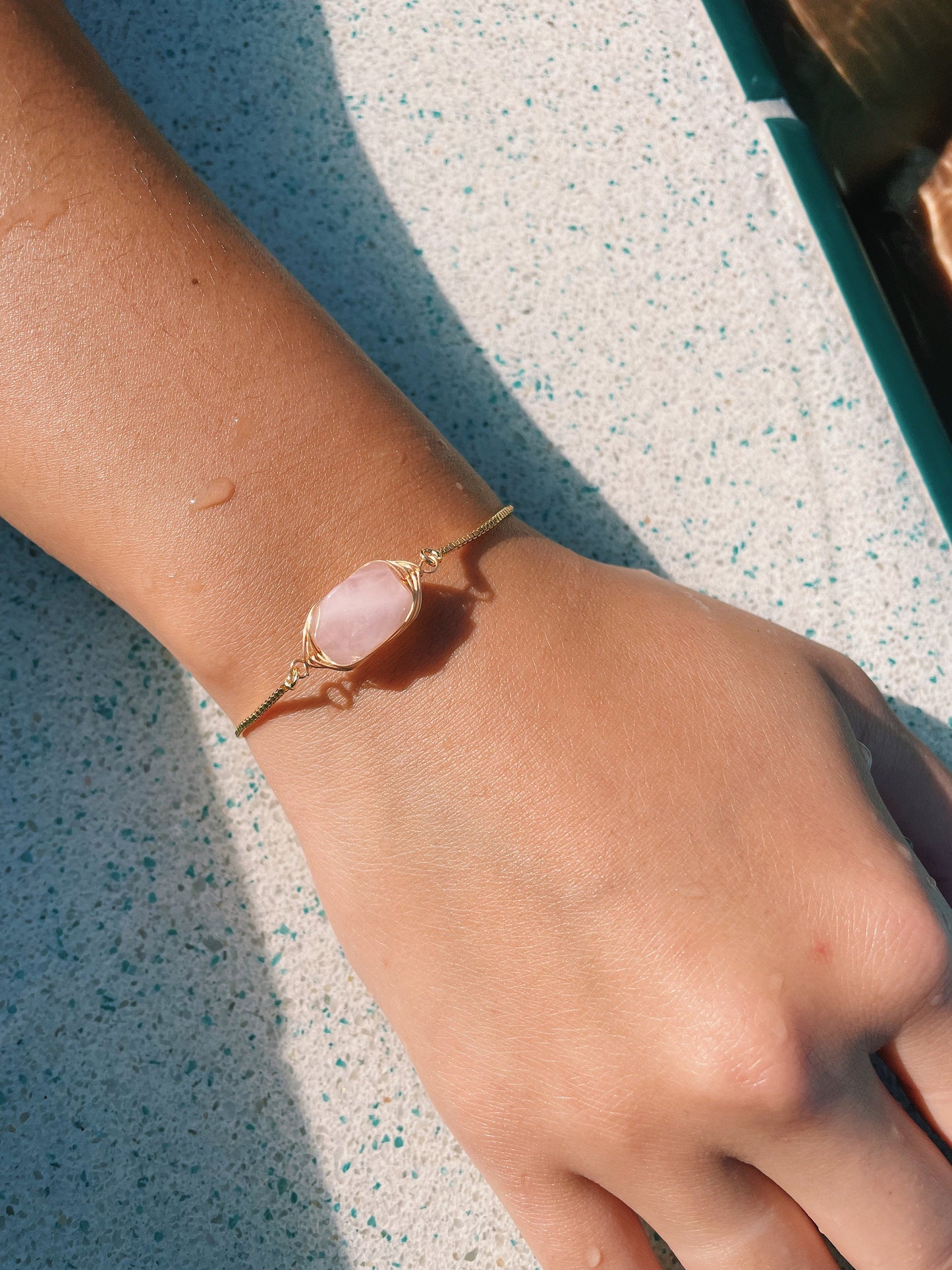 Rose Quartz Wire Wrapped Adjustable Gold Bracelet, January Birthstone Pink Bracelet