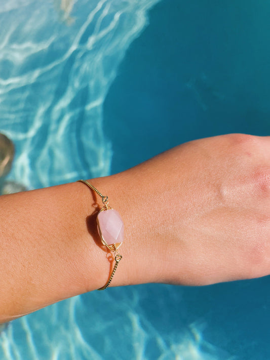 Rose Quartz Wire Wrapped Adjustable Gold Bracelet, January Birthstone Pink Bracelet