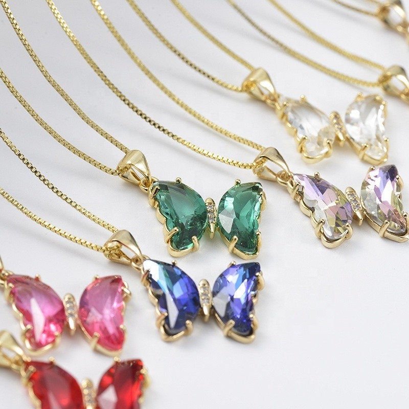 18K Gold Plated Crystal Butterfly Necklace, CZ Glass Butterfly Necklace, Blue Green Pink Butterfly Pendant Charm Necklace, Gift for Women