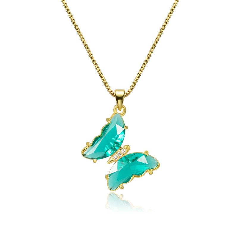 18K Gold Plated Crystal Butterfly Necklace, CZ Glass Butterfly Necklace, Blue Green Pink Butterfly Pendant Charm Necklace, Gift for Women