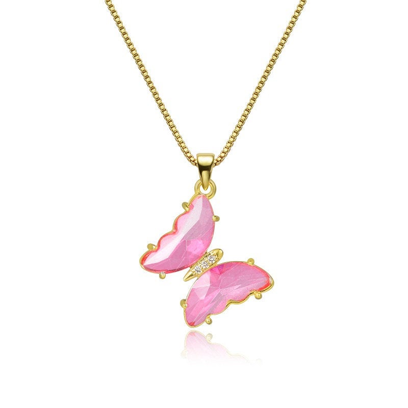 18K Gold Plated Crystal Butterfly Necklace, CZ Glass Butterfly Necklace, Blue Green Pink Butterfly Pendant Charm Necklace, Gift for Women