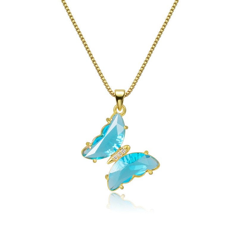 18K Gold Plated Crystal Butterfly Necklace, CZ Glass Butterfly Necklace, Blue Green Pink Butterfly Pendant Charm Necklace, Gift for Women