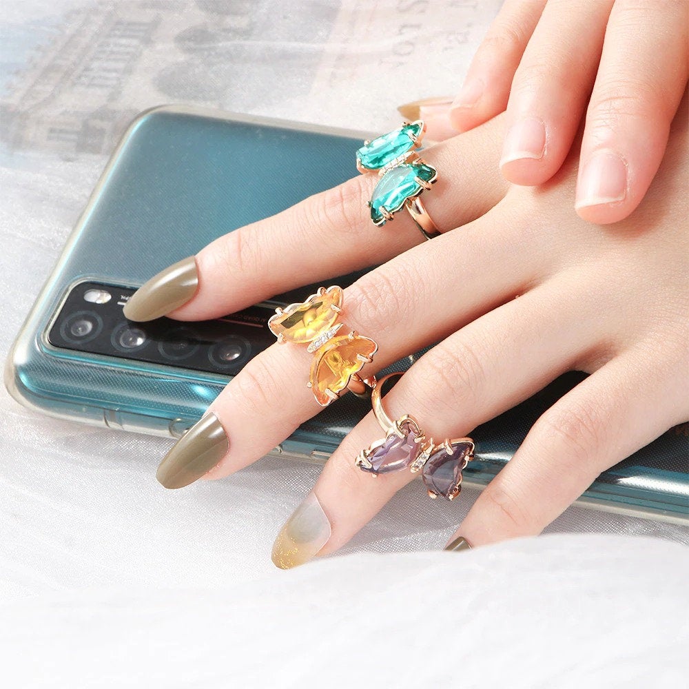 18K Gold Plated Crystal Butterfly Ring, CZ Glass Butterfly Ring, Blue Green Purple Pink Butterfly Ring, Gift for Women