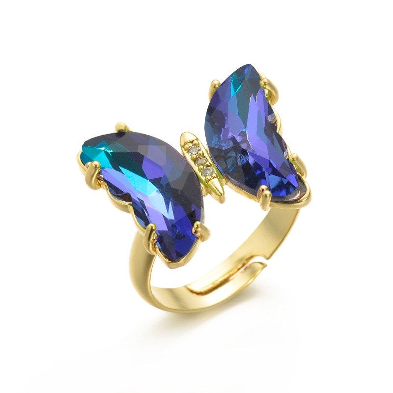 18K Gold Plated Crystal Butterfly Ring, CZ Glass Butterfly Ring, Blue Green Purple Pink Butterfly Ring, Gift for Women