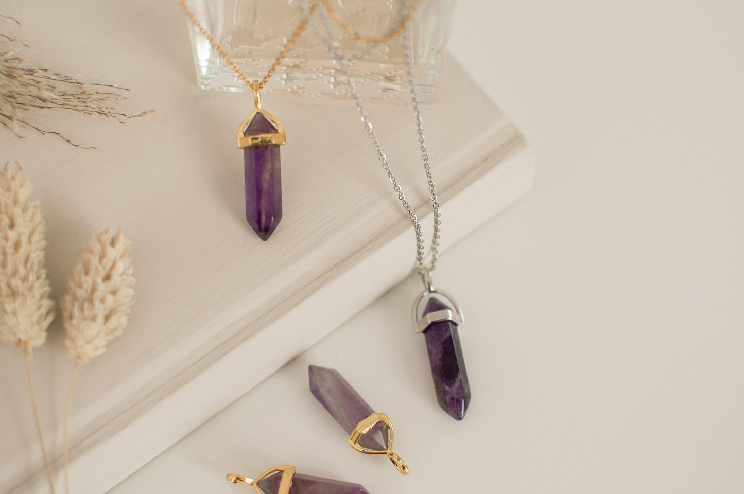 Amethyst Silver Purple Healing Stone Crystal Necklace, Amethyst Pendant Birthstone Necklace