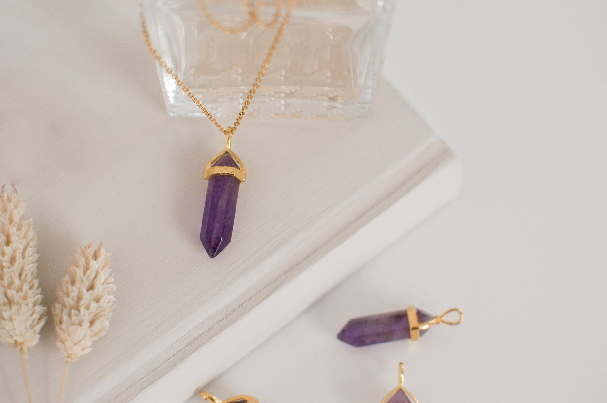 Amethyst Gold Purple Healing Stone Crystal Necklace, Amethyst Pendant Birthstone Necklace