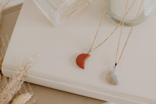Crescent Moon Crystal Healing Stone Necklaces, Quartz Half Moon Necklaces, Grey Agate Necklace, Goldstone Necklace