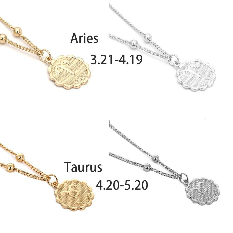 ZODIAC COIN NECKLACE, Horoscope Women Necklace, Zodiac Sign Jewelry, 12 Constellation Silver Gold Coin Pendants, Birthday Gift for Her