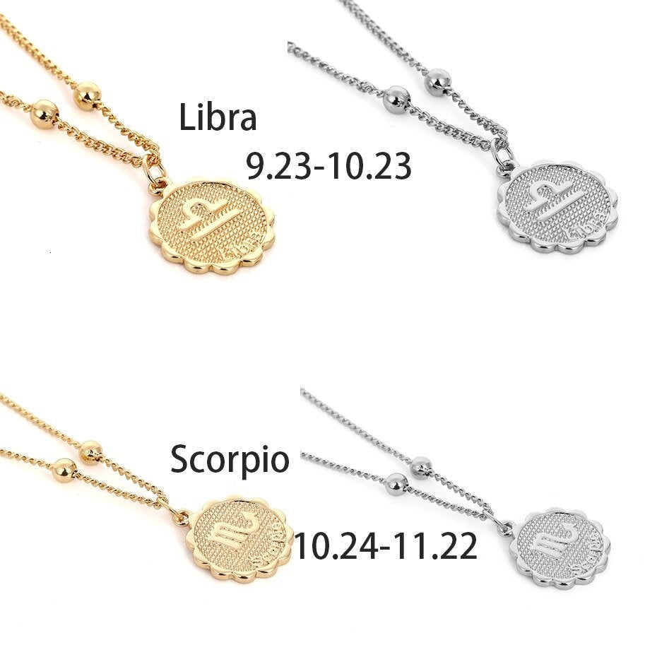 ZODIAC COIN NECKLACE, Horoscope Women Necklace, Zodiac Sign Jewelry, 12 Constellation Silver Gold Coin Pendants, Birthday Gift for Her