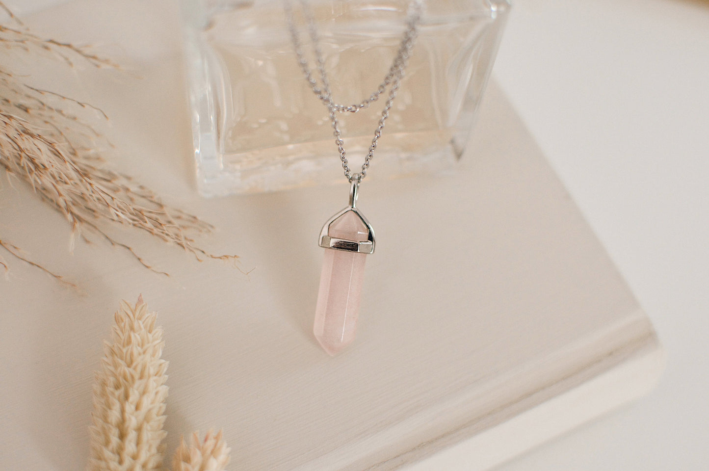 Rose Quartz Silver Healing Stone Crystal Necklace