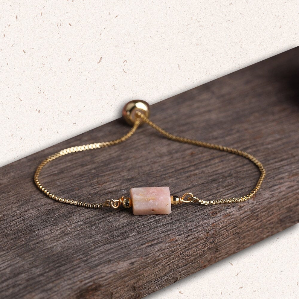 Raw Pink Opal Adjustable Gold Bracelet, Pink Bracelet