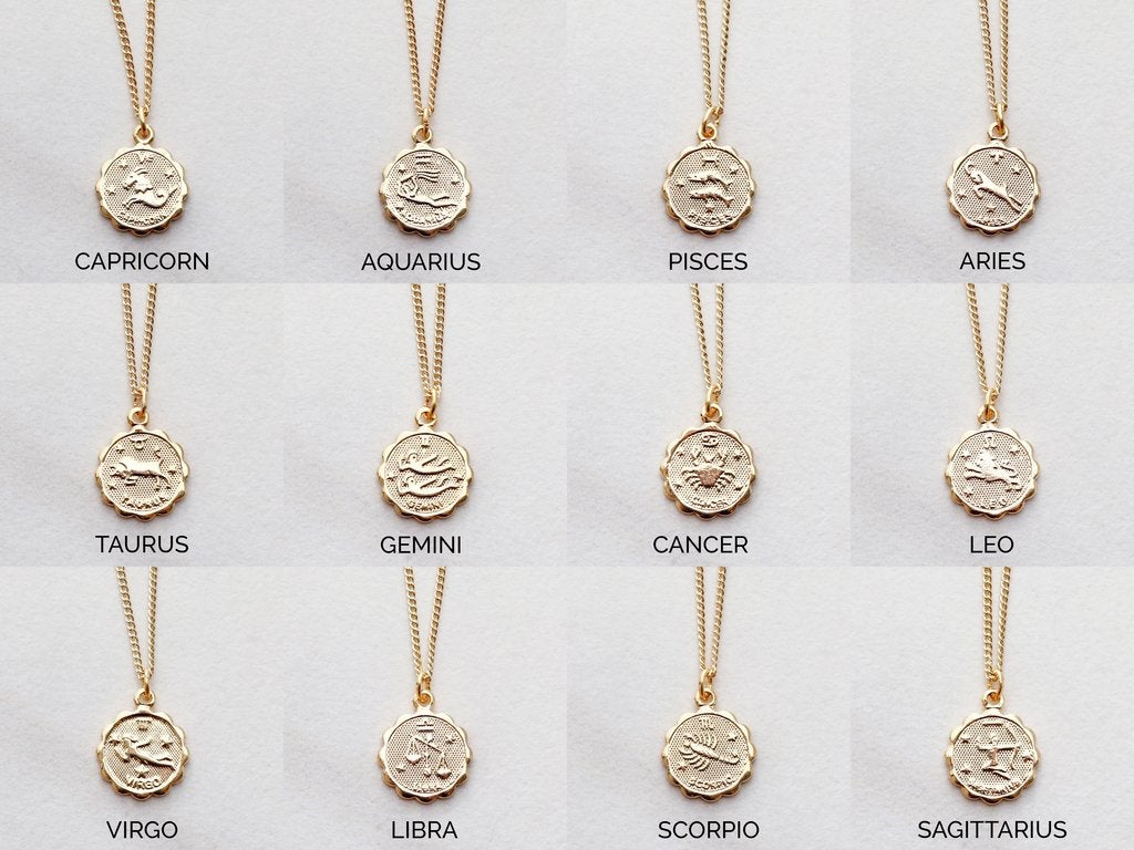 Zodiac Coin Stainless Steel Necklace, Horoscope Necklace, Zodiac Sign Jewelry, 12 Constellation Gold Coin Pendants, Birthday Gift for Her