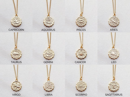 Zodiac Coin Stainless Steel Necklace, Horoscope Necklace, Zodiac Sign Jewelry, 12 Constellation Gold Coin Pendants, Birthday Gift for Her