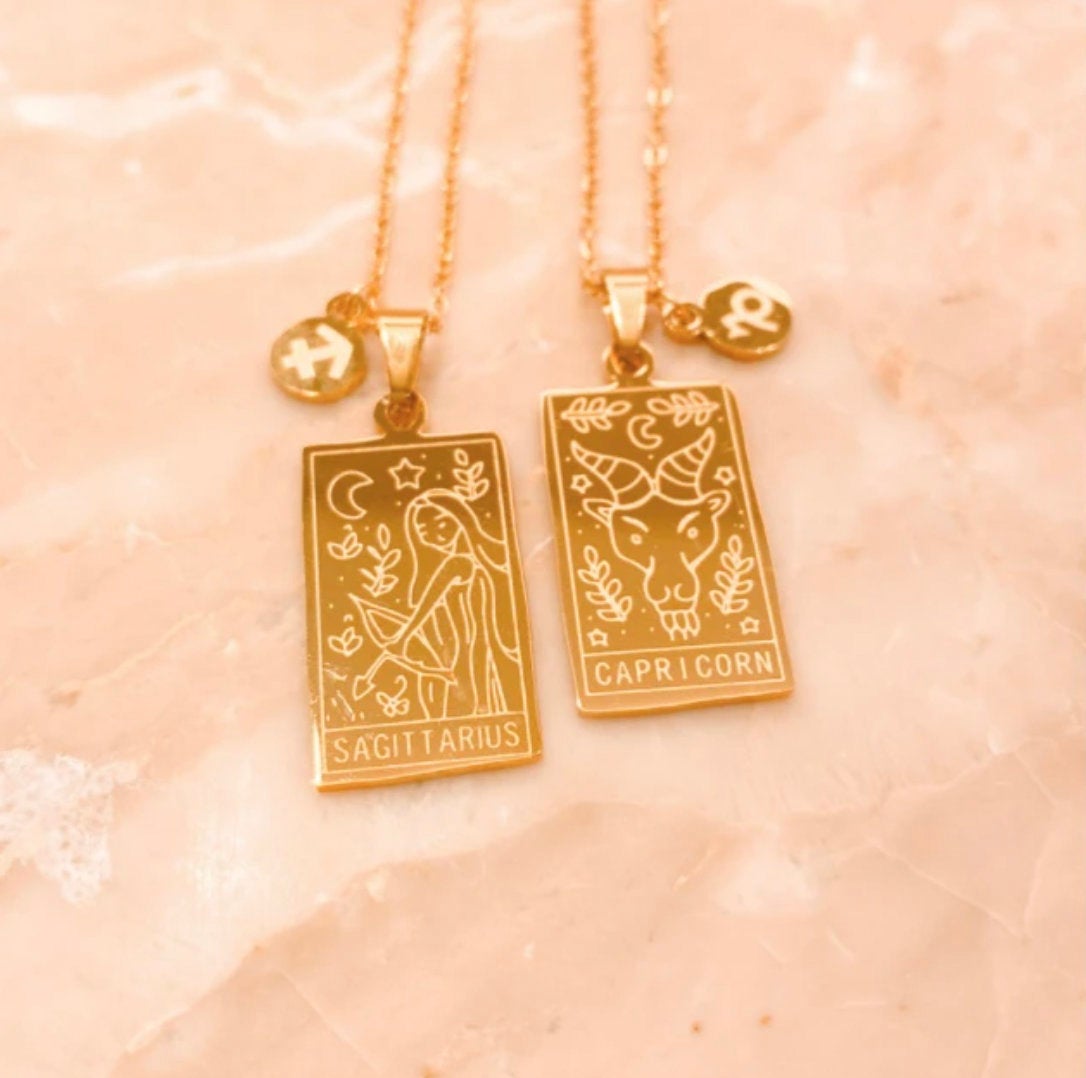 Zodiac Tarot Necklace - 18k Gold Plated Stainless Steel - Zodiac Gold Pendant, Zodiac Sign Jewelry, Astrology Necklace Gift