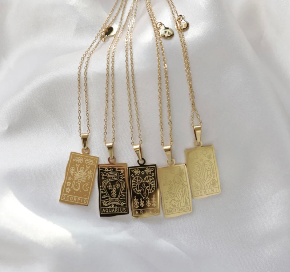 Zodiac Tarot Necklace - 18k Gold Plated Stainless Steel - Zodiac Gold Pendant, Zodiac Sign Jewelry, Astrology Necklace Gift