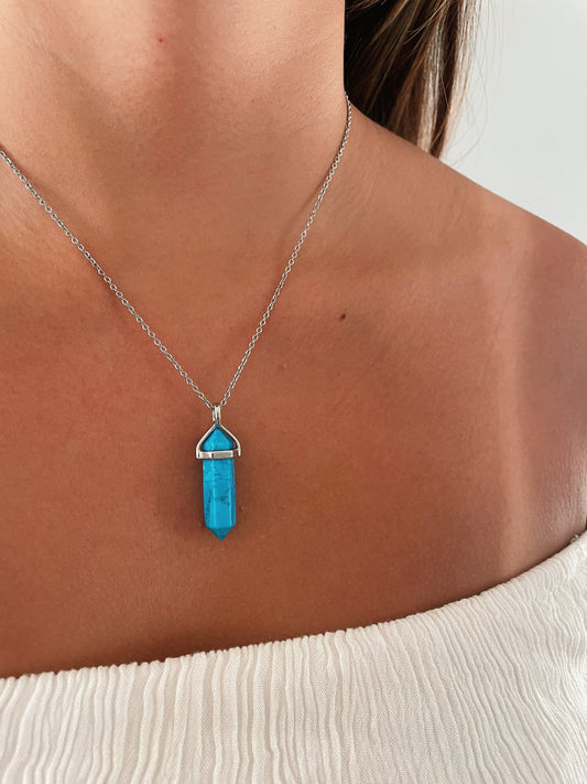 Blue Turquoise Silver Necklace, Turquoise Self-Love Healing Natural Stone Jewelry, Turquoise Crystal Layering Necklace for Women