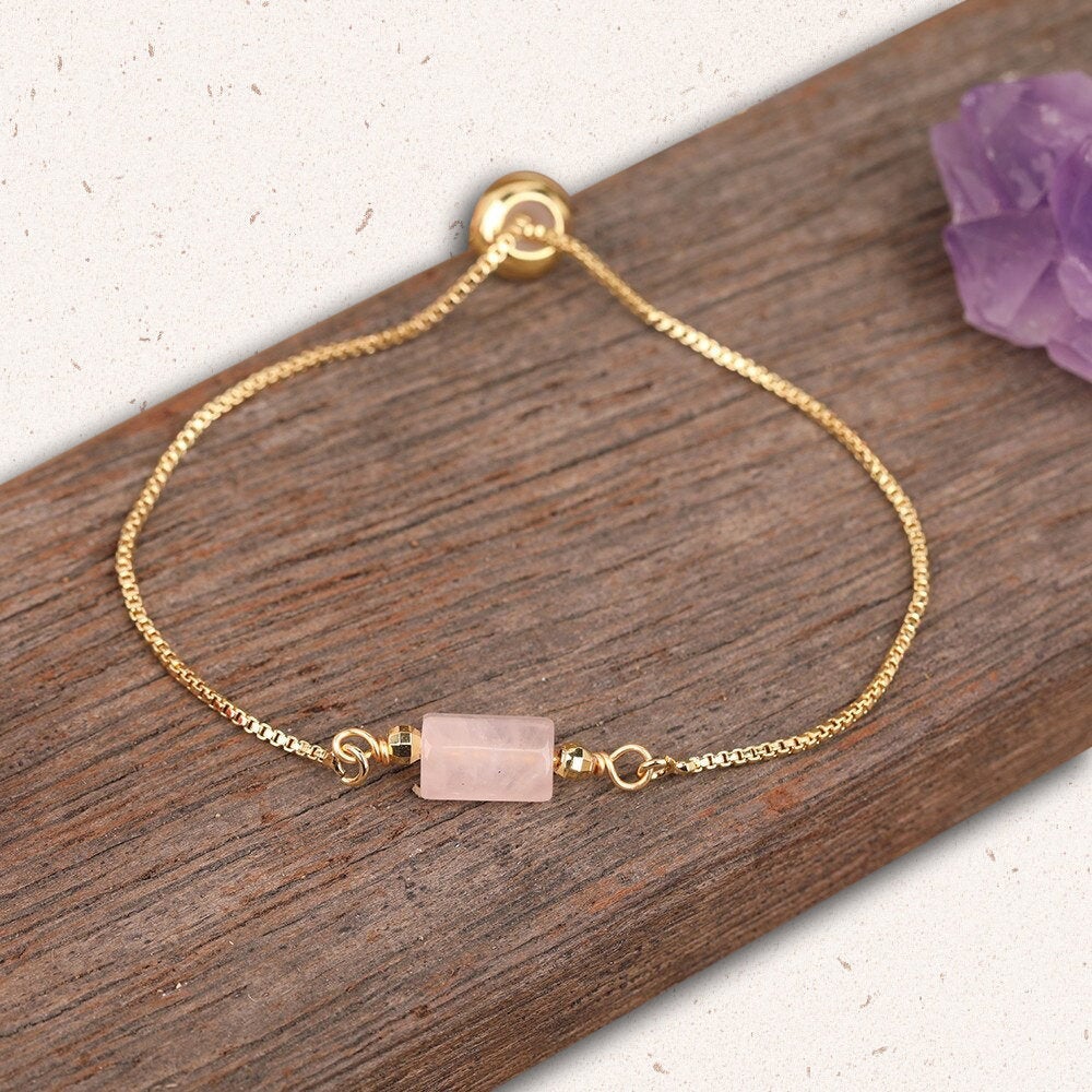 Rose Quartz Adjustable Gold Bracelet, January Birthstone Pink Bracelet