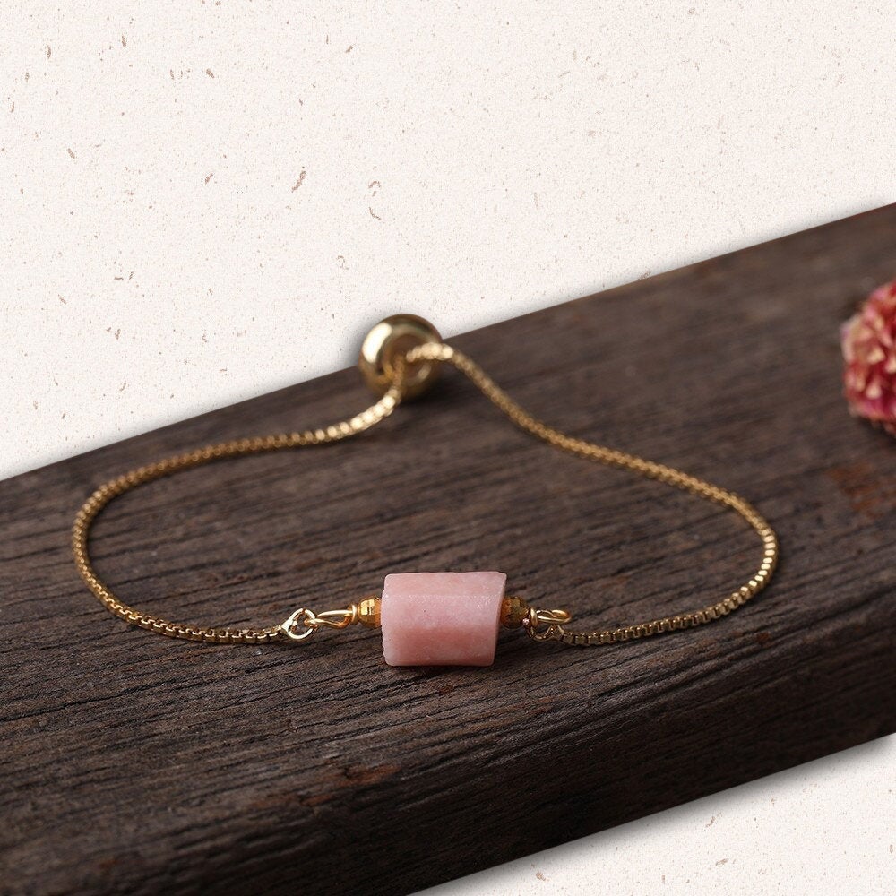 Raw Pink Opal Adjustable Gold Bracelet, Pink Bracelet