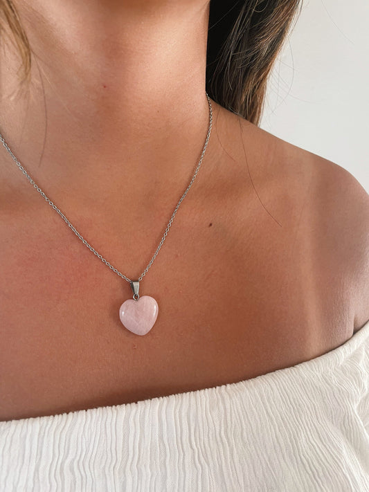 Rose Quartz Heart Necklace, Pink Healing Stone Crystal Silver Necklace Choker