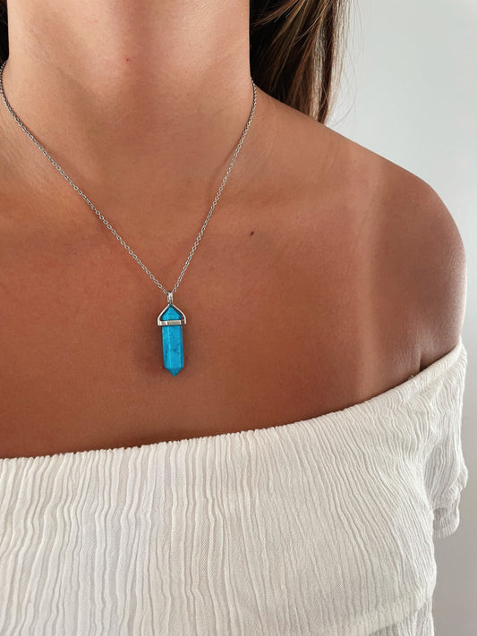 Blue Turquoise Silver Necklace, Turquoise Self-Love Healing Natural Stone Jewelry, Turquoise Crystal Layering Necklace for Women