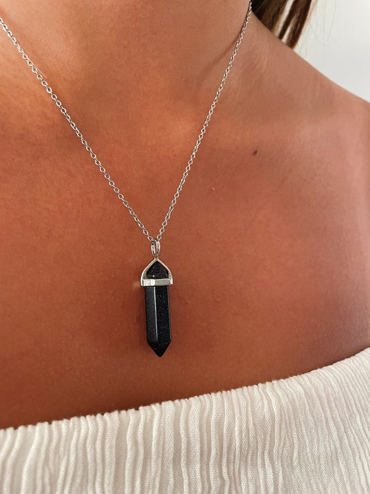 Blue Goldstone Silver Necklace, Positivity, Courage, Ambition Stone Jewelry, Crystal Layering Necklace for Women